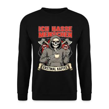 Ich Hasse Menschen Erstmal Kaffee Skelett Fun - Unisex Pullover - Schwarz - Vorne - Alina (178cm) & Michal (187cm)