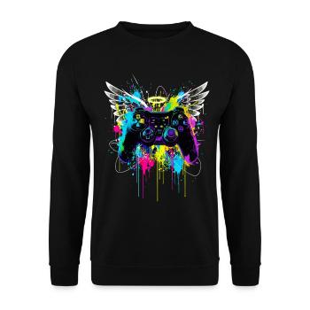 Gaming Controller Flügel Streetart Farbspritzer - Unisex Pullover - Schwarz - Vorne - Alina (178cm) & Michal (187cm)