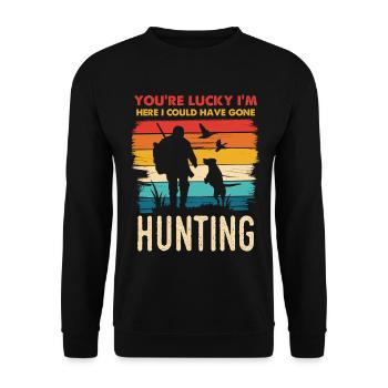 Hunting Humor Silhouette am Sunset - Unisex Pullover - Schwarz - Vorne - Alina (178cm) & Michal (187cm)