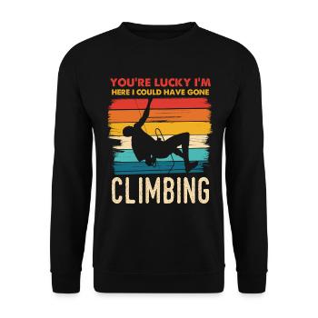 Kletterglück Spruch Hier Klettern - Unisex Pullover - Schwarz - Vorne - Alina (178cm) & Michal (187cm)
