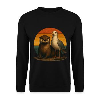 Otter Möwe Retro Tierfreunde - Unisex Pullover - Schwarz - Vorne - Alina (178cm) & Michal (187cm)