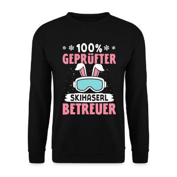 Skilehrer 100 % GEPRÜFTER SKIHASERL BETREUER - Unisex Pullover - Schwarz - Vorne - Alina (178cm) & Michal (187cm)