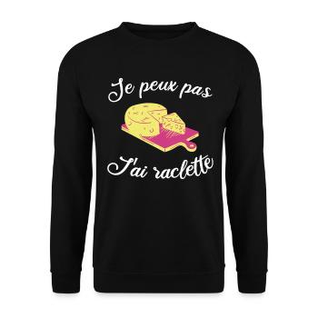 Ich kann nicht, Raclette – Raclette-Humorgeschenk - Unisex Pullover - Schwarz - Vorne - Alina (178cm) & Michal (187cm)
