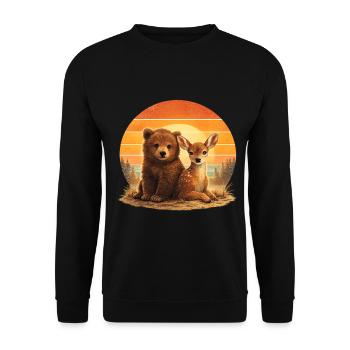 Bär und Reh Retro Tierfreunde - Unisex Pullover - Schwarz - Vorne - Alina (178cm) & Michal (187cm)