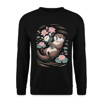 Otter T-Shirt mit Blumen - Unisex Pullover - Schwarz - Vorne - Alina (178cm) & Michal (187cm)