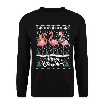 Weihnachtsflamingos mit Schneeflocken und Deko - Unisex Pullover - Schwarz - Vorne - Alina (178cm) & Michal (187cm)