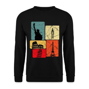 Weltstadt-Retro-Ikonen Collage - Unisex Pullover - Schwarz - Vorne - Alina (178cm) & Michal (187cm)