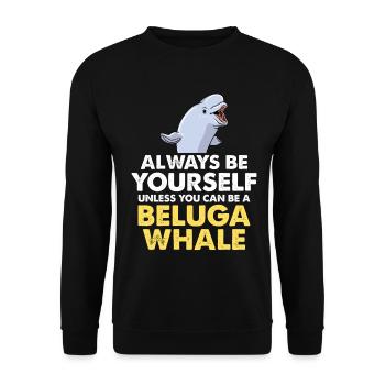 Sei du selbst – Beluga Spruch - Unisex Pullover - Schwarz - Vorne - Alina (178cm) & Michal (187cm)
