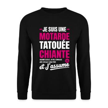 Motarde Tatouée Chiante Humour Moto pour Femme - Sweat-shirt Unisexe - noir - Devant - Alina (178cm) & Michal (187cm)