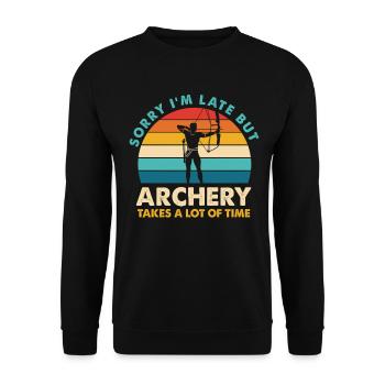 Tut mir leid, ich komme später – Bogenschießen - Unisex Pullover - Schwarz - Vorne - Alina (178cm) & Michal (187cm)
