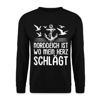 Nordsee NORDDEICH IST WO MEIN HERZ SCHLÄGT Lustig - Unisex Pullover - Schwarz - Vorne - Alina (178cm) & Michal (187cm)