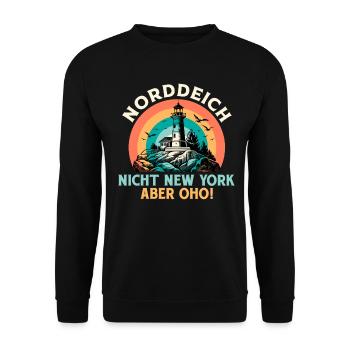 NORDDEICH NICHT NEW YORK ABER OHO Lustiges - Unisex Pullover - Schwarz - Vorne - Alina (178cm) & Michal (187cm)