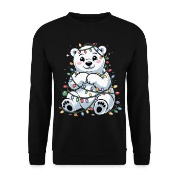 Weihnachtlicher Eisbär mit Lichterkette - Unisex Pullover - Schwarz - Vorne - Alina (178cm) & Michal (187cm)