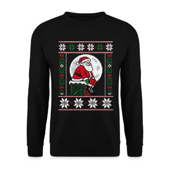 Weihnachts-Pixelkunst-Weihnachtsmann auf Kaminsims - Unisex Pullover - Schwarz - Vorne - Alina (178cm) & Michal (187cm)