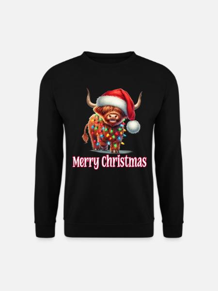 Hochlandrind mit Weihnachtsmütze Merry Christmas - Unisex Pullover - Schwarz