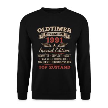 34. Geburtstag Geschenk Oldtimer Dezember 1991 - Unisex Pullover - Schwarz - Vorne - Alina (178cm) & Michal (187cm)