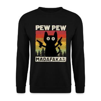 Pew Pew Katze - Unisex Pullover - Schwarz - Vorne - Alina (178cm) & Michal (187cm)