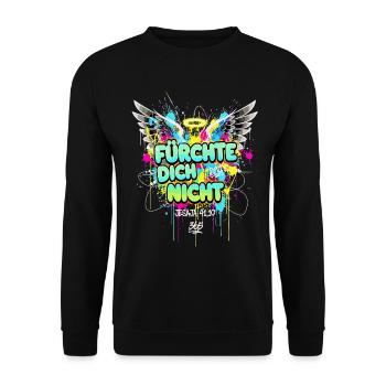 FEAR NOT Bible Graffiti Angel Wings - Unisex Sweatshirt - black - Front - Alina (178cm) & Michal (187cm)