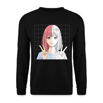 Anime Sketching Half Color Half Line Art - Unisex Pullover - Schwarz - Vorne - Alina (178cm) & Michal (187cm)