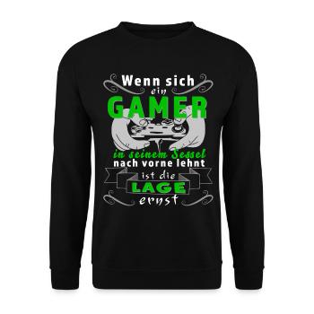 Lustiges Gamer Design: Die Lage ist ernst - Unisex Pullover - Schwarz - Vorne - Alina (178cm) & Michal (187cm)