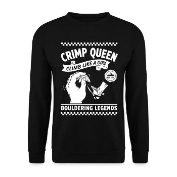 Crimp Queen klettert wie ein Mädchen beim Bouldering Legends - Unisex Pullover - Schwarz - Vorne - Alina (178cm) & Michal (187cm)