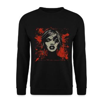 Abstraktes Frauengesicht im Grunge Stil - Unisex Pullover - Schwarz - Vorne - Alina (178cm) & Michal (187cm)