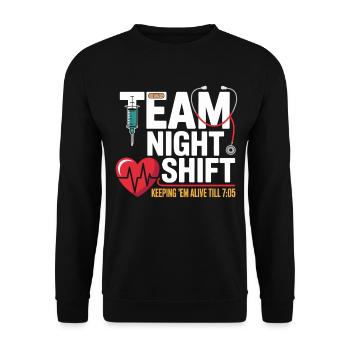 Team Night Shift Nachtschicht Helden - Unisex Pullover - Schwarz - Vorne - Alina (178cm) & Michal (187cm)