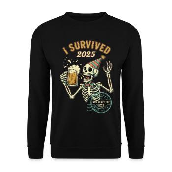 Ich habe Silvester 2025 überlebt – Spaßskelett 2026 - Unisex Pullover - Schwarz - Vorne - Alina (178cm) & Michal (187cm)
