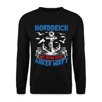 NORDDEICH WO MEIN HERZ ANKER WIRFT Lustiges - Unisex Pullover - Schwarz - Vorne - Alina (178cm) & Michal (187cm)