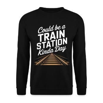 Bahnhoftag Stimmung mit Gleisen - Unisex Pullover - Schwarz - Vorne - Alina (178cm) & Michal (187cm)