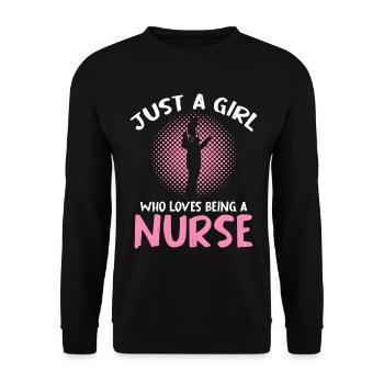 Just a Girl Nurse – Pink Halftone - Unisex Pullover - Schwarz - Vorne - Alina (178cm) & Michal (187cm)
