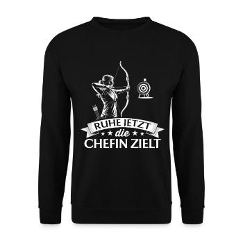 Bogenschießen die Chefin zielt - Bogenschützin - Unisex Pullover - Schwarz - Vorne - Alina (178cm) & Michal (187cm)