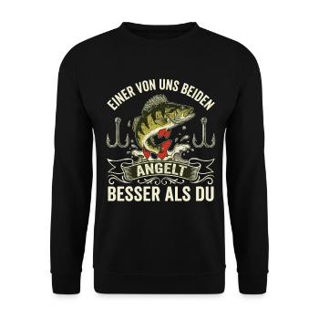 "Besser als Du" – Lustiges Barsch-Angler Shirt - Unisex Pullover - Schwarz - Vorne - Alina (178cm) & Michal (187cm)