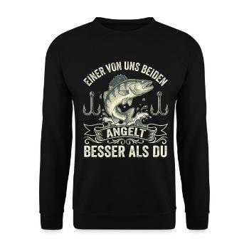 "Besser als Du" – Lustiges Zander-Angler Shirt - Unisex Pullover - Schwarz - Vorne - Alina (178cm) & Michal (187cm)