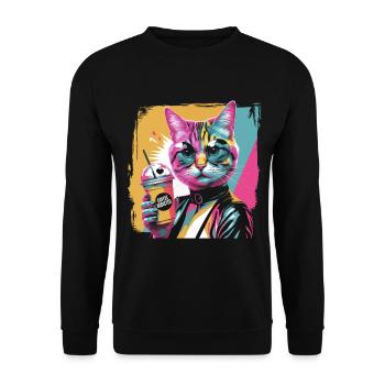 Popart Katze mit Drink buntes Comicmotiv - Unisex Pullover - Schwarz - Vorne - Alina (178cm) & Michal (187cm)