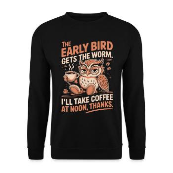 Lustige Eule und Kaffee - Unisex Pullover - Schwarz - Vorne - Alina (178cm) & Michal (187cm)
