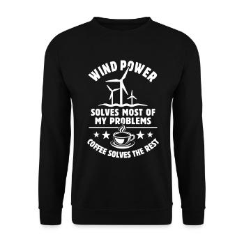 wind power solves most of my Problems - Kaffee - Unisex Pullover - Schwarz - Vorne - Alina (178cm) & Michal (187cm)
