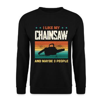 Kettensäge Humor im Retro Regenbogen - Unisex Pullover - Schwarz - Vorne - Alina (178cm) & Michal (187cm)