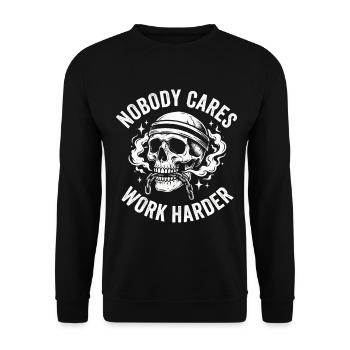 Schädel mit Helm: Arbeite härter - Unisex Pullover - Schwarz - Vorne - Alina (178cm) & Michal (187cm)