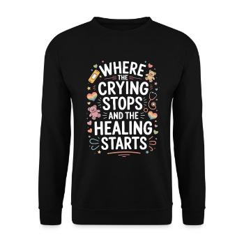 Infirmière pédiatrique : Où les pleurs arrêtent les enfants Infirmière - Sweat-shirt Unisexe - noir - Devant - Alina (178cm) & Michal (187cm)