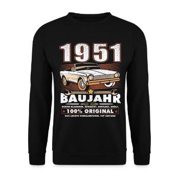 Baujahr 1951 Oldtimer Geburtstag Spruch 75 Jahre - Unisex Pullover - Schwarz - Vorne - Alina (178cm) & Michal (187cm)