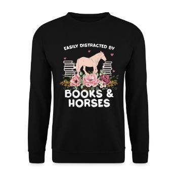 Pferd & Blumen: Bücherliebe - Unisex Pullover - Schwarz - Vorne - Alina (178cm) & Michal (187cm)