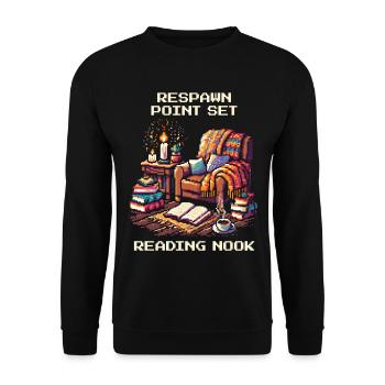 Respawn gesetzt | Leseecke Bücherzeit - Unisex Pullover - Schwarz - Vorne - Alina (178cm) & Michal (187cm)