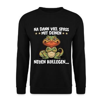 Jobwechsel Lustige Eidechse - Kollege Abschied - Unisex Pullover - Schwarz - Vorne - Alina (178cm) & Michal (187cm)