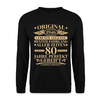Born in 1946 Legend 80th Birthday - Unisex Sweatshirt - black - Front - Alina (178cm) & Michal (187cm)