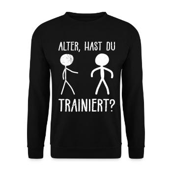 Strichmännchen ALTER HAST DU TRAINIERT LUSTIG - Unisex Pullover - Schwarz - Vorne - Alina (178cm) & Michal (187cm)
