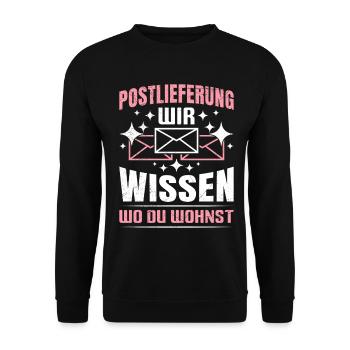Postboten POSTLIFERUNG WIR WISSEN WO DU WOHNST - Unisex Pullover - Schwarz - Vorne - Alina (178cm) & Michal (187cm)