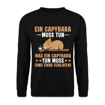 Capybara muss schlafen - Lustiger Büro Spruch - Unisex Pullover - Schwarz - Vorne - Alina (178cm) & Michal (187cm)