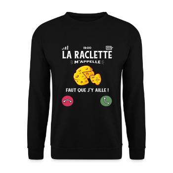 Raclette nennt mich faut qu'j'y aller humor fr - Unisex Pullover - Schwarz - Vorne - Alina (178cm) & Michal (187cm)