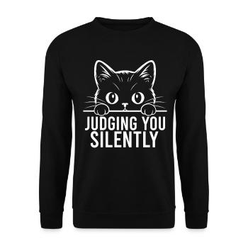 Lustige Katze, Judging You Silently - Unisex Pullover - Schwarz - Vorne - Alina (178cm) & Michal (187cm)